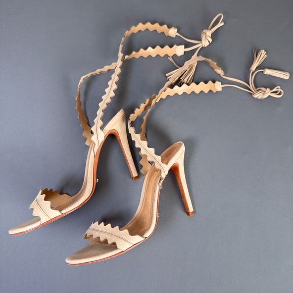 SCHUTZ Shoes - Schutz Lisana Amber Light Nubuck Scalloped Lace Up Tassel Stiletto Heels 9B